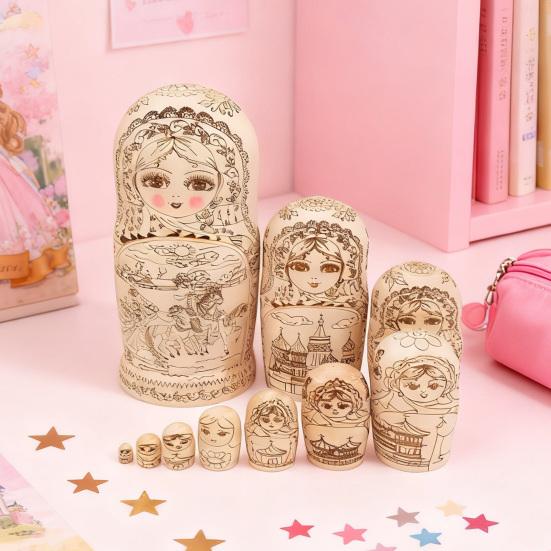 10Pcs/Set Russian Nesting Doll 10 Layers Handmade Wooden Matryoshka Girl Stacking Toy Home Office Desktop Decoration Ornament