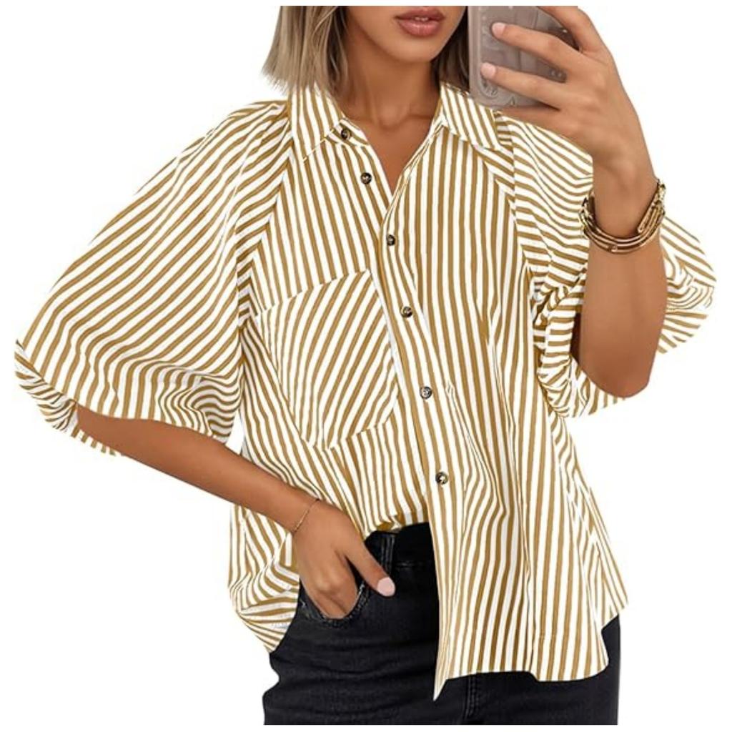 Women's Striped Fashionable Casual Loose Shirt With A Lapel Pocket Top