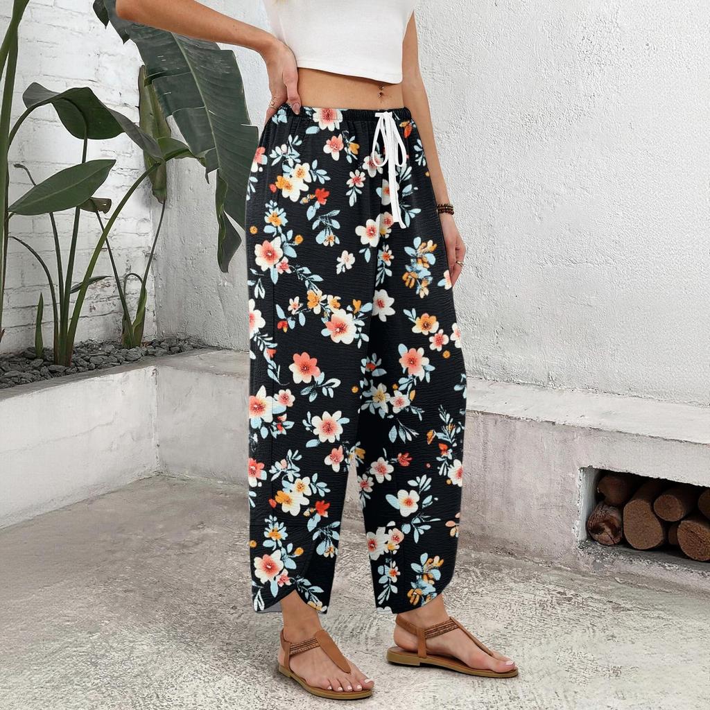 Pantaloni da Donna Casual a Gamba Larga con Coulisse, Stampa Floreale, Comodi e Leggeri, da Casa con Elastico in Vita