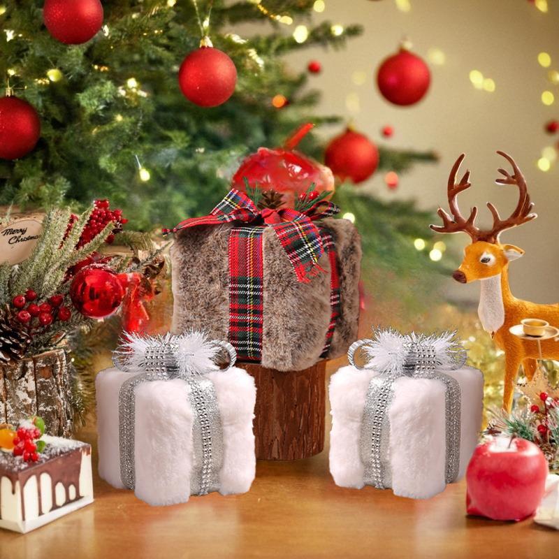 Cartoon Christmas Plush Gift Box Handicraft 3D Square Gift Box Pendant Festival Elegant Christmas Tree Decoration