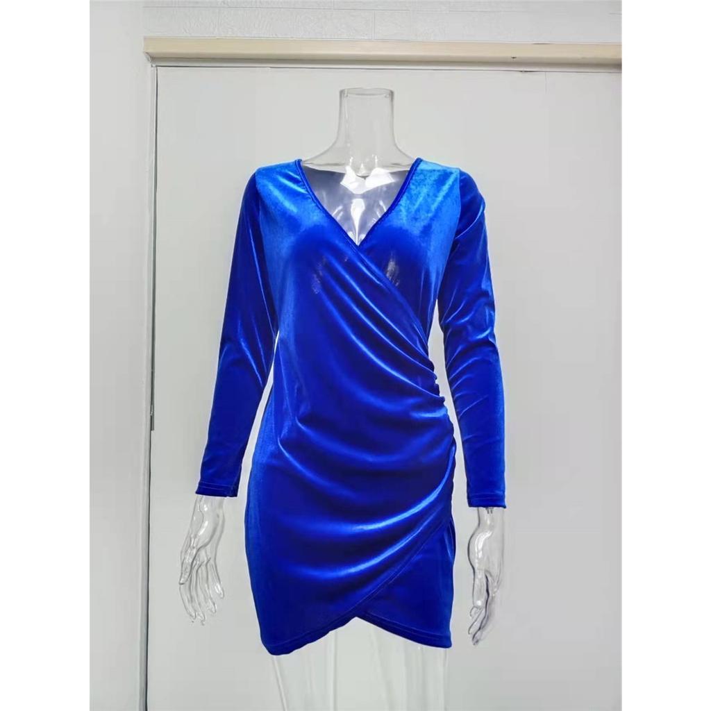 Women's elegant solid color long-sleeved V-neck sexy short dress clothes sale