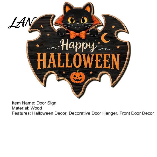 Scary Halloween Signs Black Cat Ghost Door Sign, Decorative Plaque, Wooden Hanging Festival Props Vintage Rustic Decor with Jute Rope, Seasonal