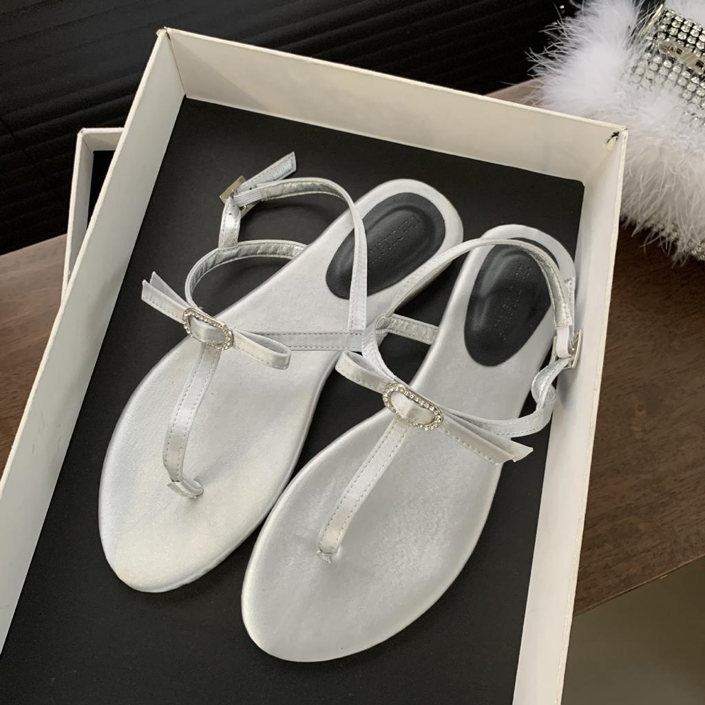 2025 New Fashion Roman Summer Satin Toe Thin Belt Beach Vacation Fairy Rhinestone Bow Women's Sandals