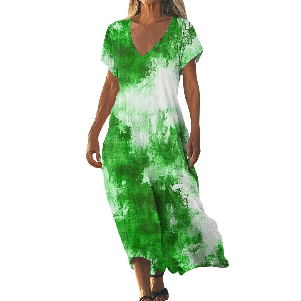 Mode Damen Sommer V-Ausschnitt Kurzarm Baumwolle und Leinen Vintage Blumendruck Strandkleid