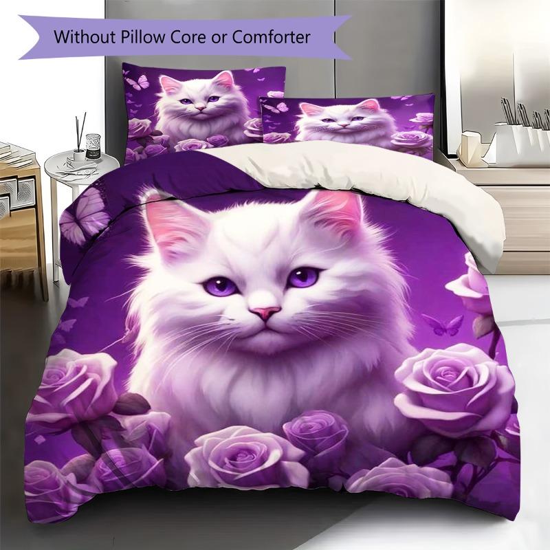 Elegant White Long‑hair Cat Purple Rose Butterfly Print 3 Pieces Duvet Cover Set Pet Animal Bedding Bedroom Home Decor Without Pillow Core Comforter