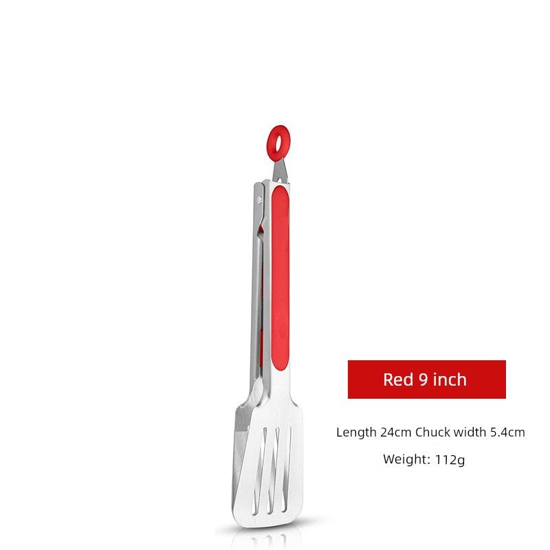 Silicone Kitchen Tongs Steak Tongs Three-Line Stainless Steel Tongs Food Tongs Bread Tongs Barbecue Tongs S500 Three-Wire Clamp-Red 9 Inches 24cm