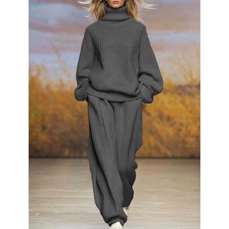 2025 Autumn/Winter Women's Casual Knit Set: High Neck Top & Wide Leg Pants