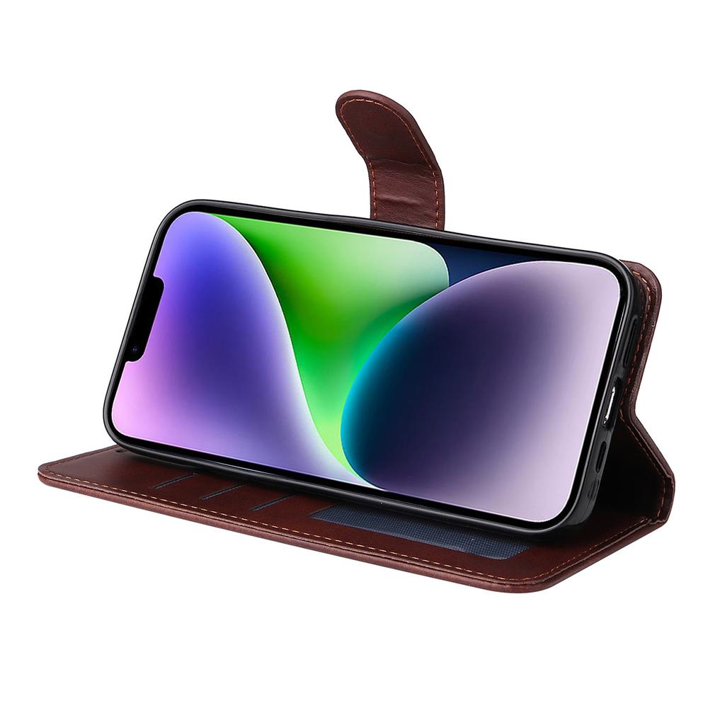 For iPhone 15 PU Leather Wallet Case Phone Stand Cover with Tempered Glass