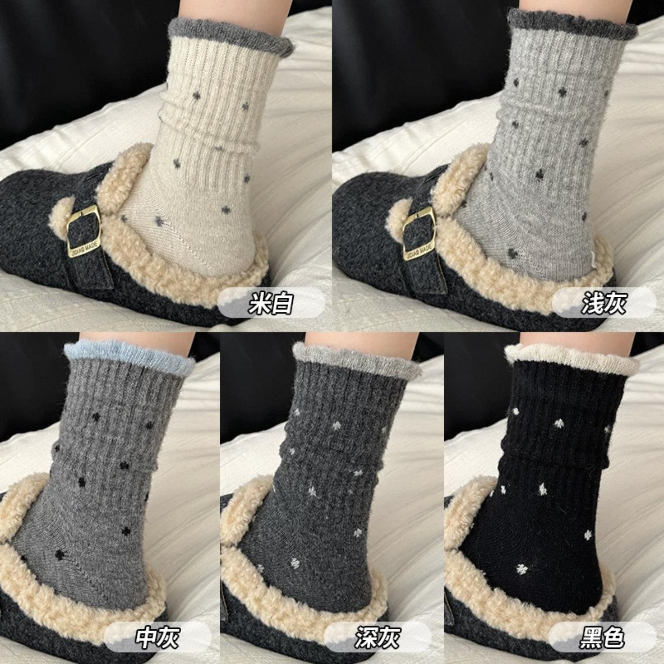 

Polka Dot Winter Warm Wool Socks, Birkenstock Lace Stacked Socks, Color-Blocked Stockings, Thickened One size брудно-білий