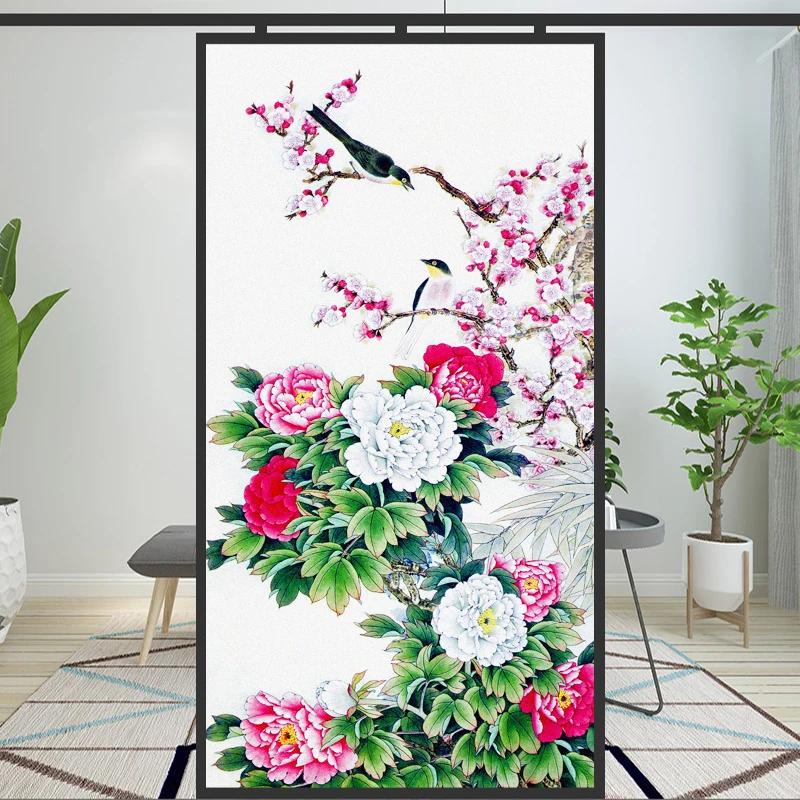 Birds Flower Decorative Window Privacy Film Frosted Glass Window Film Heat Insulation and Sunscreen  Adhesive sticker for Home 40x60cm