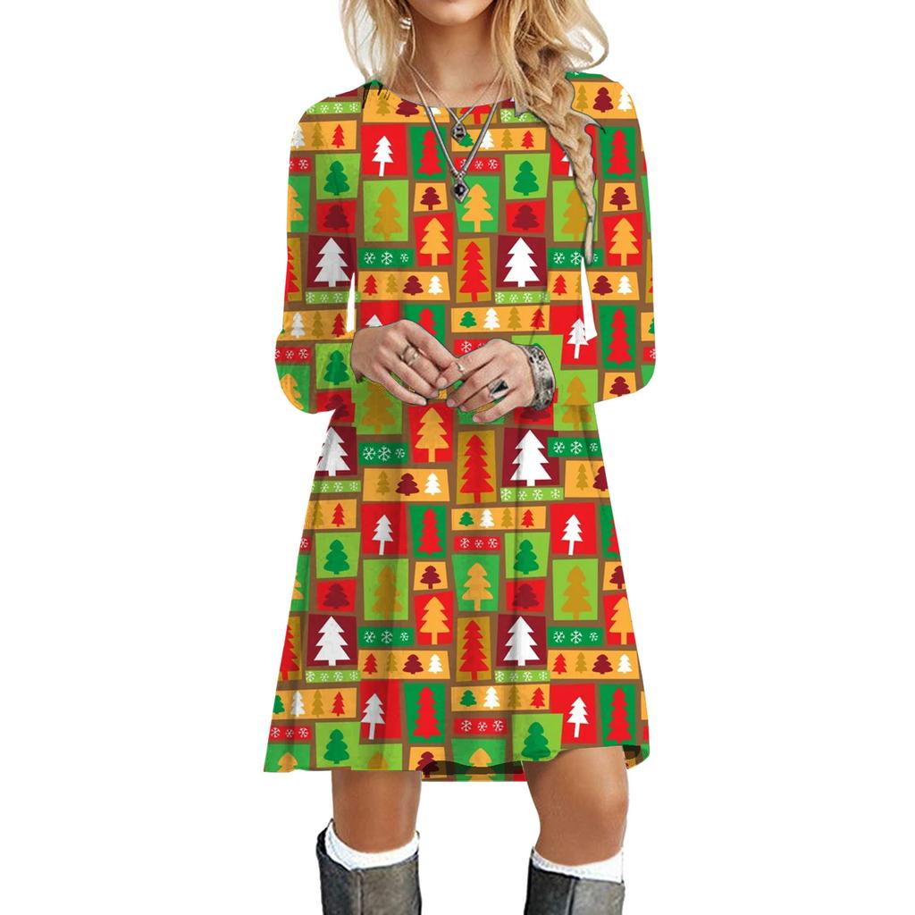 Sweet Cute Christmas Tree Dress Women Snowman Snowflake Print A-Line Dress Autumn Winter Casual Long Sleeve Mini Dresses