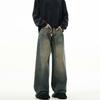 "Autumn Retro Men's Yellow Mud-Dyed Wide-Leg Jeans: American Brand, Loose Fit, Washed & Distressed."