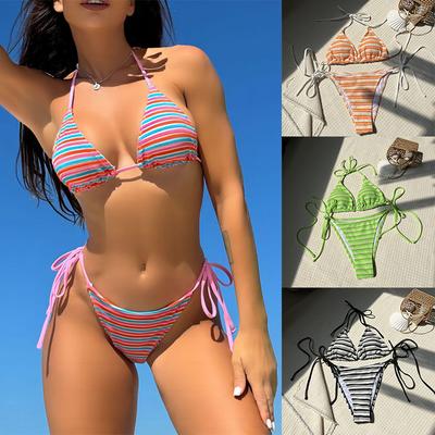Bikini-Set für Damen, gestreift, Blockfarbe, Bademode, zweiteilig, Neckholder, Schnürung, Strandmode, weiblicher Tanga, sexy Badeanzug