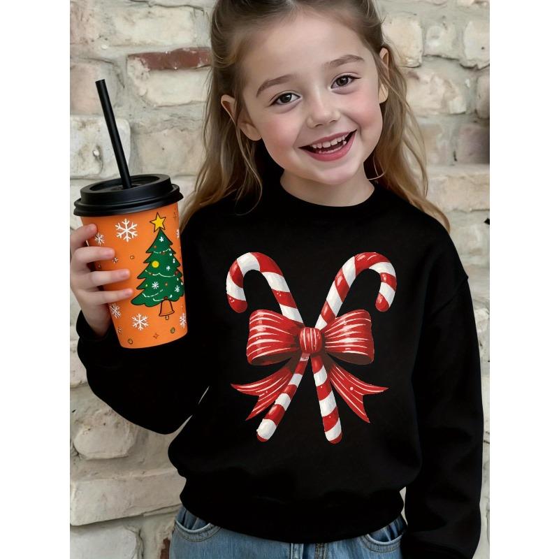 European sizes Black Christmas Sweater Suitable for Winter Celebrations - Candy Cane Bow Print, Round Neck Sleeve Holiday Sweaters