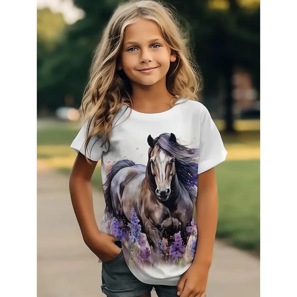 Girls' Clothing, Summer Horse 3D Printing, Outdoor Activities, Fashionable Round Neck Short Sleeved T-shirt, Girls' Quick Drying T-shirt