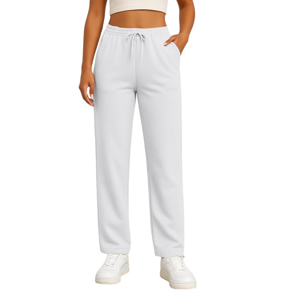 Pantalon droit tendance de couleur pour femme avec taille haute à cordon de serrage, poches et ceinture élastique, pantalon décontracté