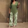 Women's V-Neck Mid Sleeve Top and Printed Wide Leg Pants Set