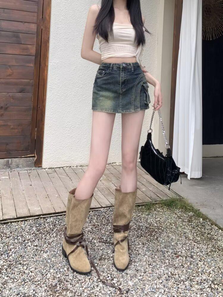 2024 Summer American Retro High-Waist A-Line Denim Skirt with Pockets