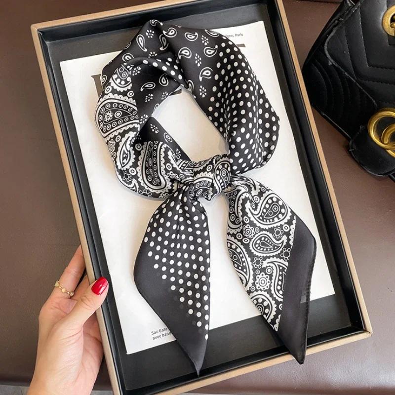 Retro Polka Dot Montage Silk Square Scarf Women Soft Satin Hairband Neckerchief Hijab Lady Headband Foulard Bag Ribbons Kerchief