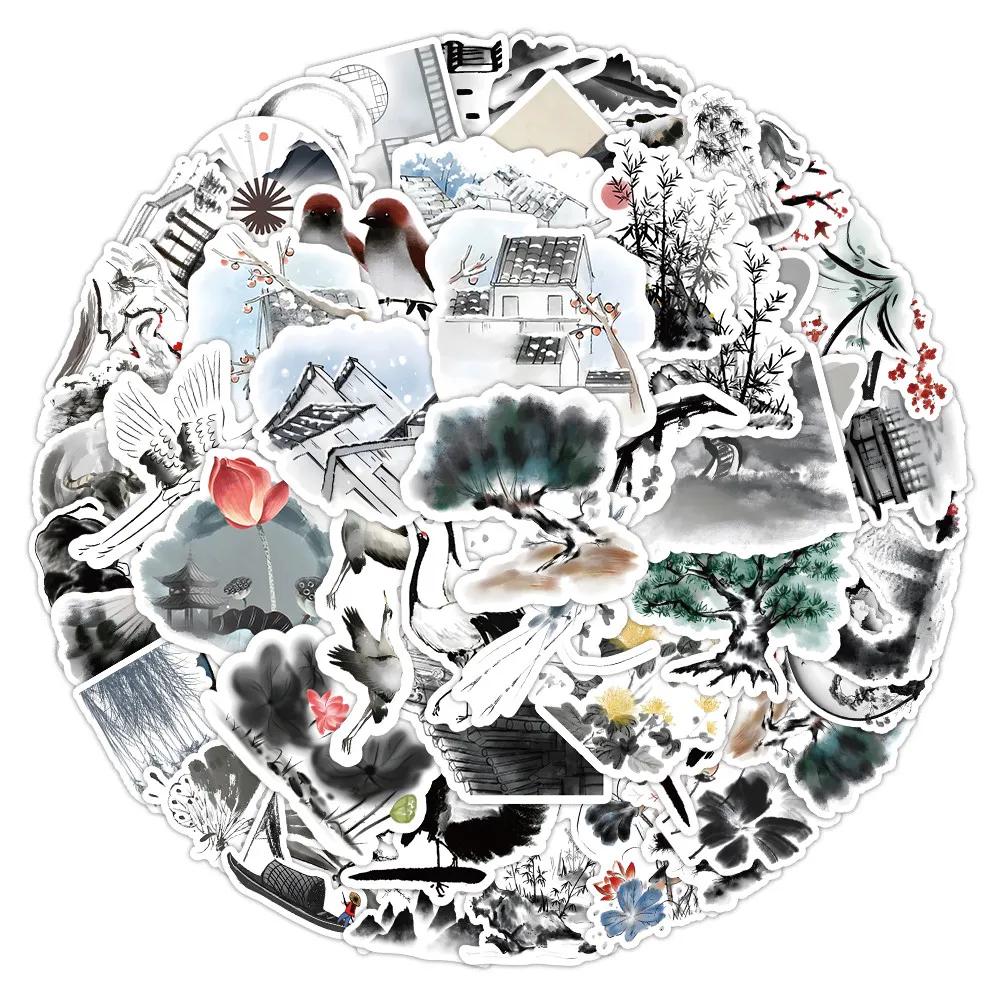 63PCS Ancient Style Ink Wash Stickers - Elegant Chinese Art for Decorating Notebooks, Phones & DIY Projects AnimeWorlds Store