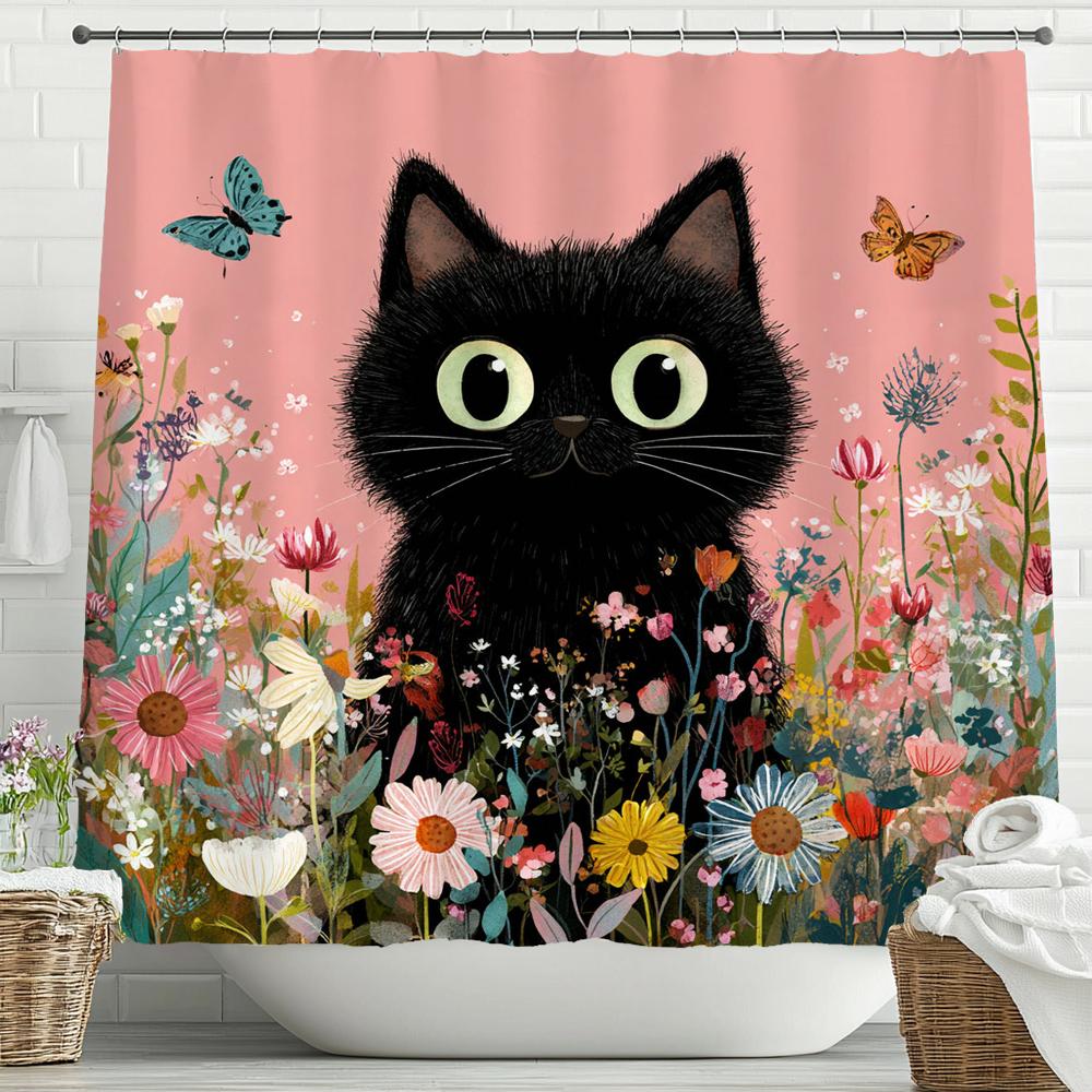 Nordic Minimalist Plant And Cat Shower Curtain, Cartoon Bathroom Decorative Shower Curtain, Waterproof Shower Curtain With Hooks
