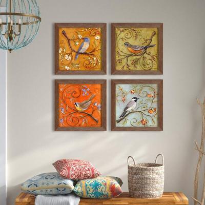 Mehrfarbiges Jardine Birds-Set mit 4 braun gerahmten UV-strukturierten Kunstdrucken (9 x 9 Zoll)