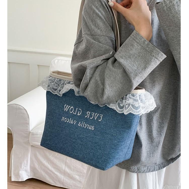 New niche cute playful high-end lace handheld canvas bag shopping bag tote bag