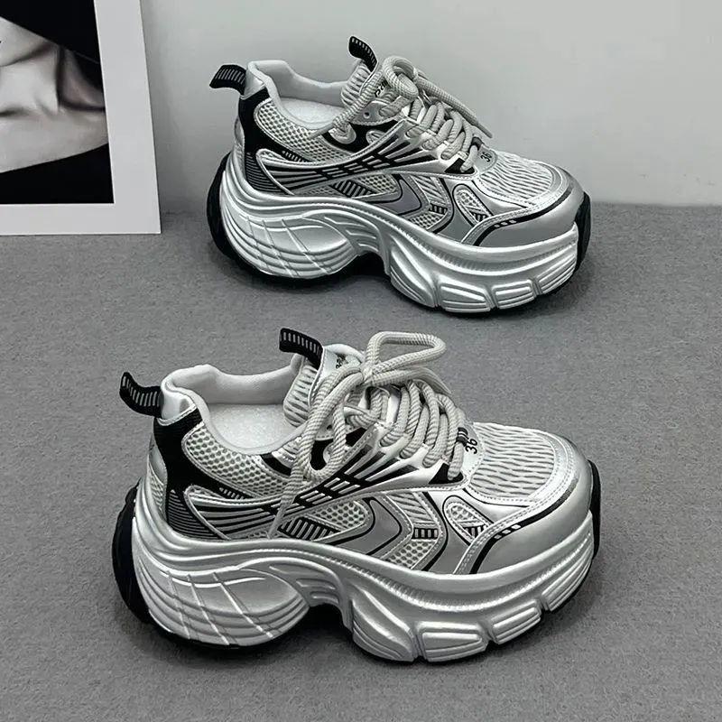 Silver Stacked Inner Height-increasing Women's Shoes 2025 New Summer Ins Internet Celebrity Platform Muffin Sports and Leisure Dad Shoes
