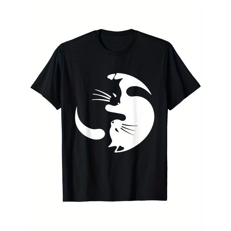 

European Size Yin Yang Cat Graphic T-Shirt – Soft 100% Cotton, Black & White Cute Kitty Design, Unisex Short Sleeve Tee for All Seasons S чёрный