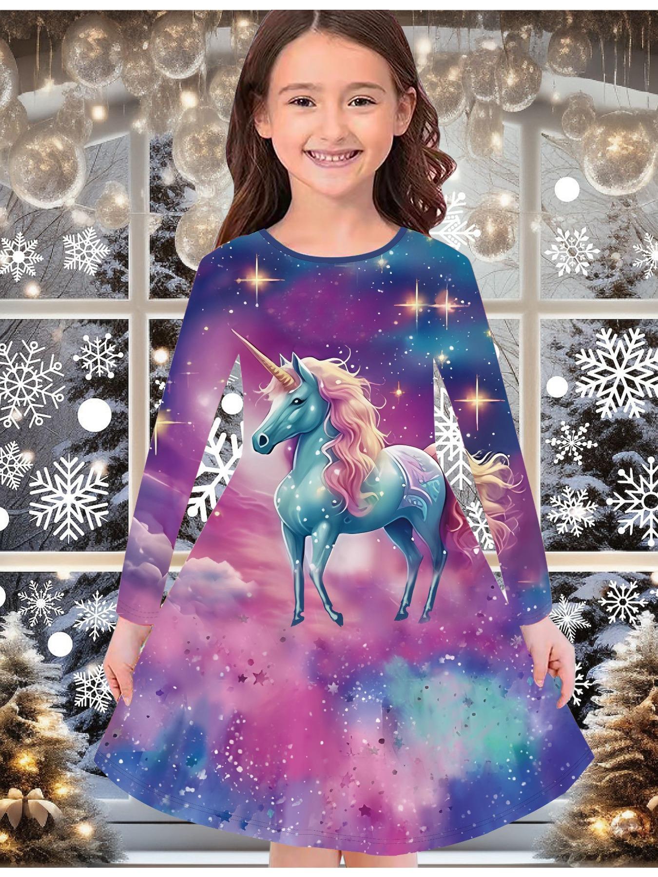 

Модное осенне-зимнее платье для девочек, с 3D принтом единорога, с круглым вырезом, длинное, детское платье-футболка, повседневное, универсальное, рождественская одежда 170 фиолетовый