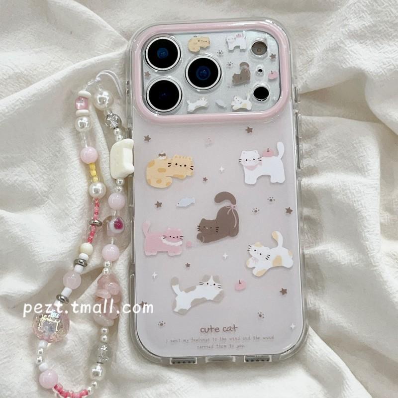 Cute Cartoon Cat Phone Case With Wrist Strap IPhone 17 Pro Max 16 15 14 13 12 Full Coverage Shockproof Silicone Cover