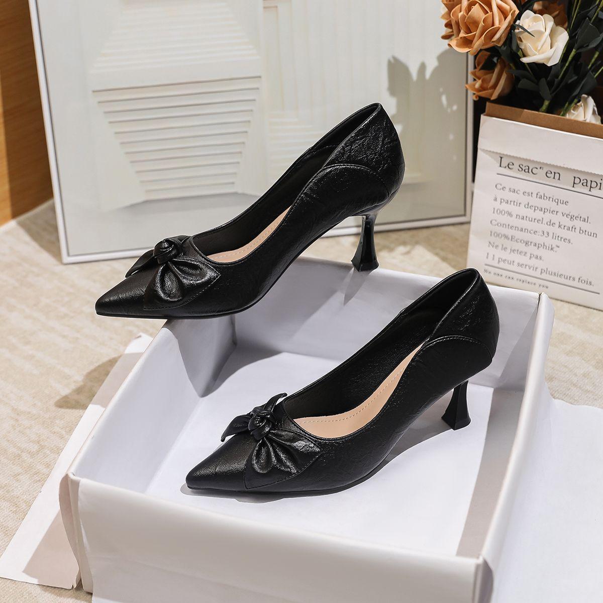 Туфли Work Order женские весенние с бантом и неглубоким носком для поездок на работу на тонких каблуках на высоком каблуке 34 чёрный 2435₽