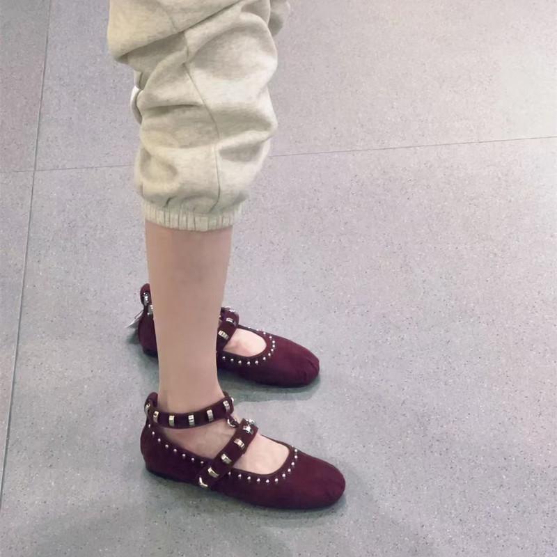 Metal Decor Faux Suede Mary Janes Women Ballet Flats Spring Summer Rivet Ankle Strap Dance Walking Loafers Girls Shoes