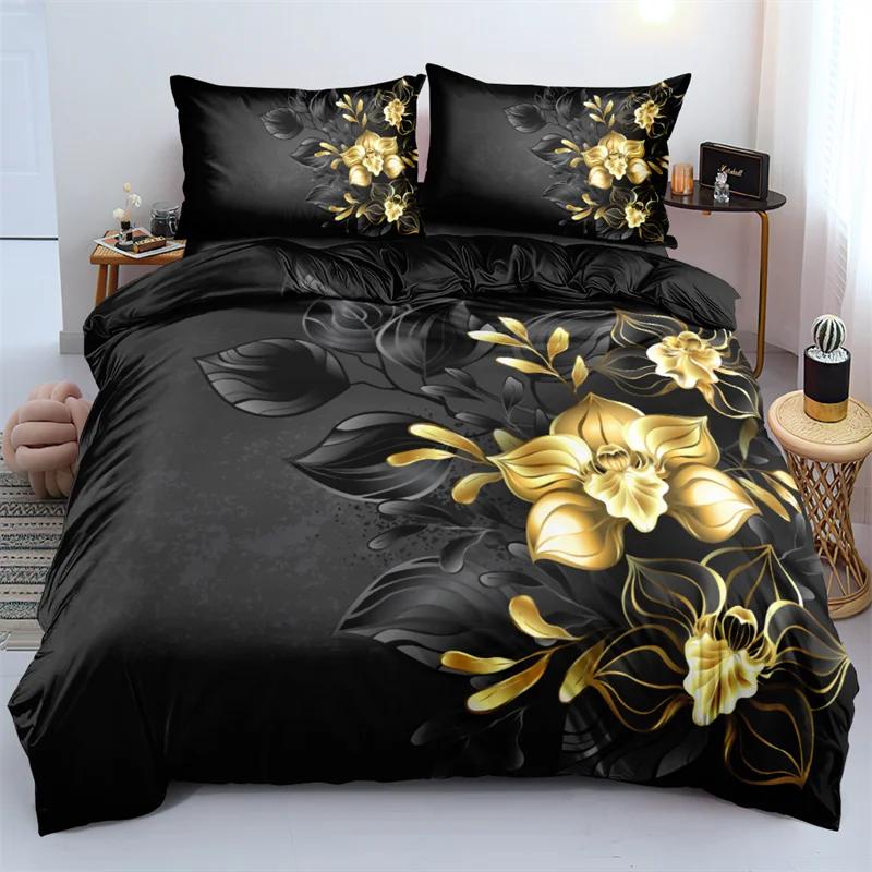 3D design Květinové soupravy povlaků na přikrývku King Queen Twin size květinový potisk Sada povlečení Ložnice Tmavě zlaté květy pro dívky Ženy