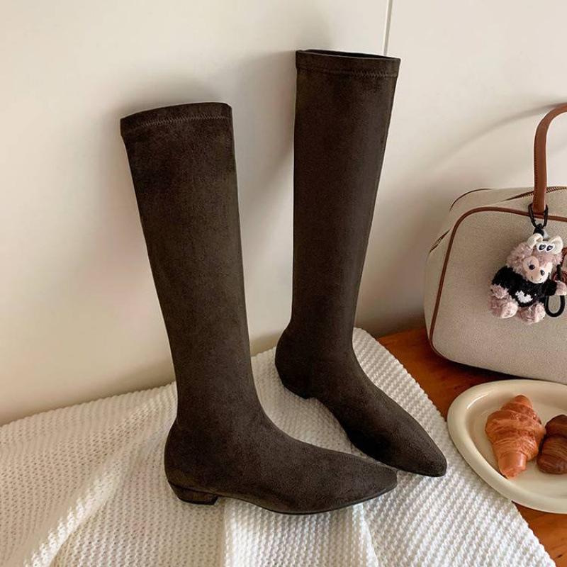 Autumn and winter elastic cashmere large size women's boots solid color non-slip beef tendon sole sleeve wedge heel new leather high boots