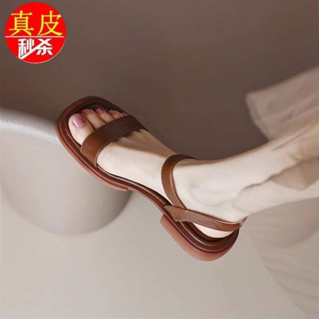 Fashion Leather Flat Sandals Women's Summer New Comfortable Soft Sole Thick Heel with Open Toe Roman Shoes