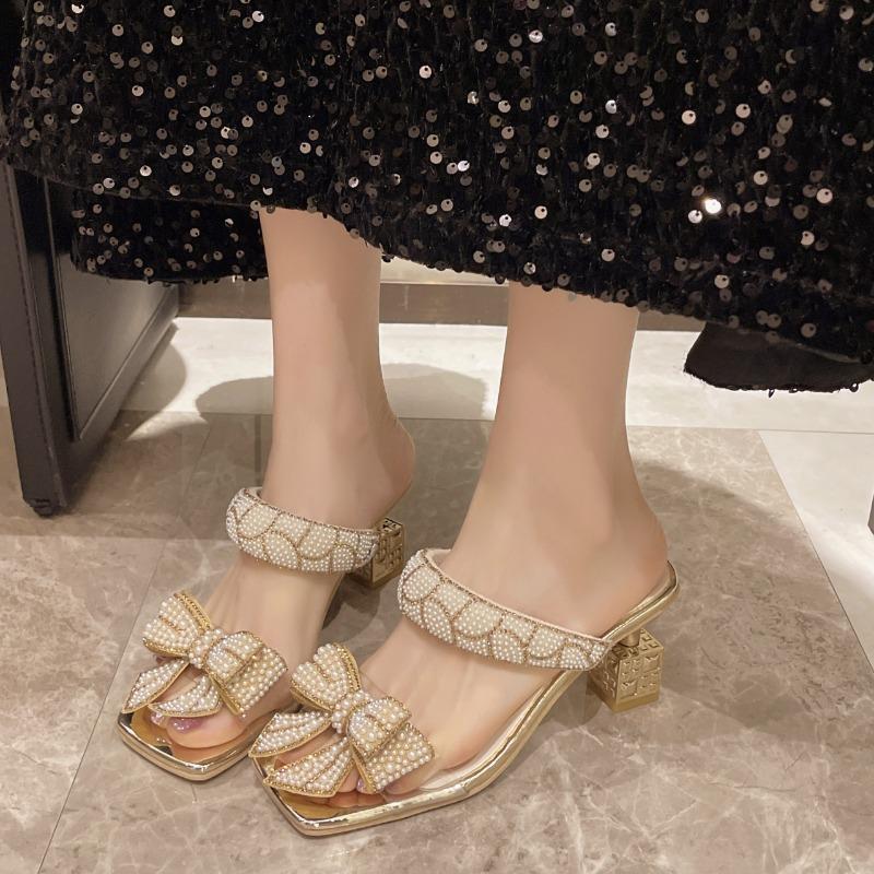 Fashion 2025 Fashion Women's Slippers Square Heel One Kick Sexy Bow Tie Women Sandals Pearl Banquet Extra-shaped Heel Sandalias De Mujer