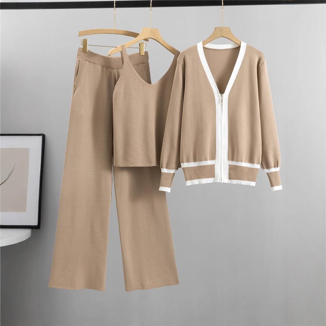 

Trendy European Women s Knitted Cardigan, Camisole, and Wide-Leg Pants Set One Size