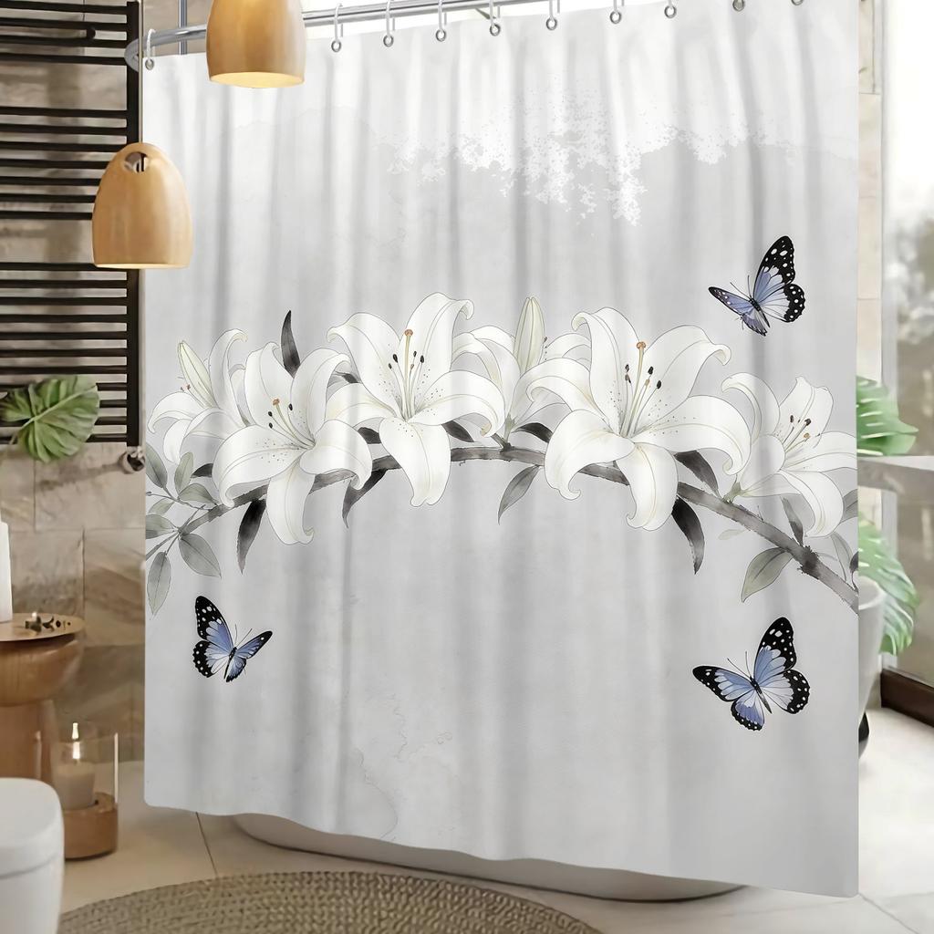 Fashion Modern Plant Shower Curtain Colorful Butterfly Flowers Shower Curtains Bathroom Decor Waterproof With 12 Hooks Curtains