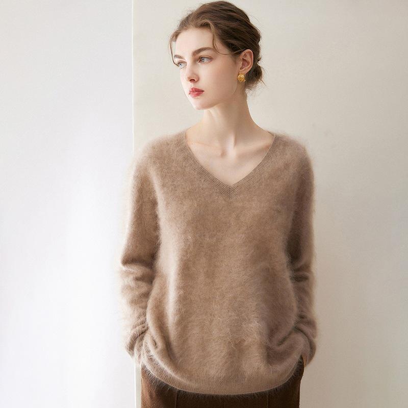Korean Style V-Neck Women's Loose Slimming Pure Cashmere Sweater - Autumn/Winter Knit Base Layer Top