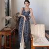 French Floral V-neck Suspender Dress Women's Summer Sweet Babe Skirt Retro Temperament Split-ended Long Dress