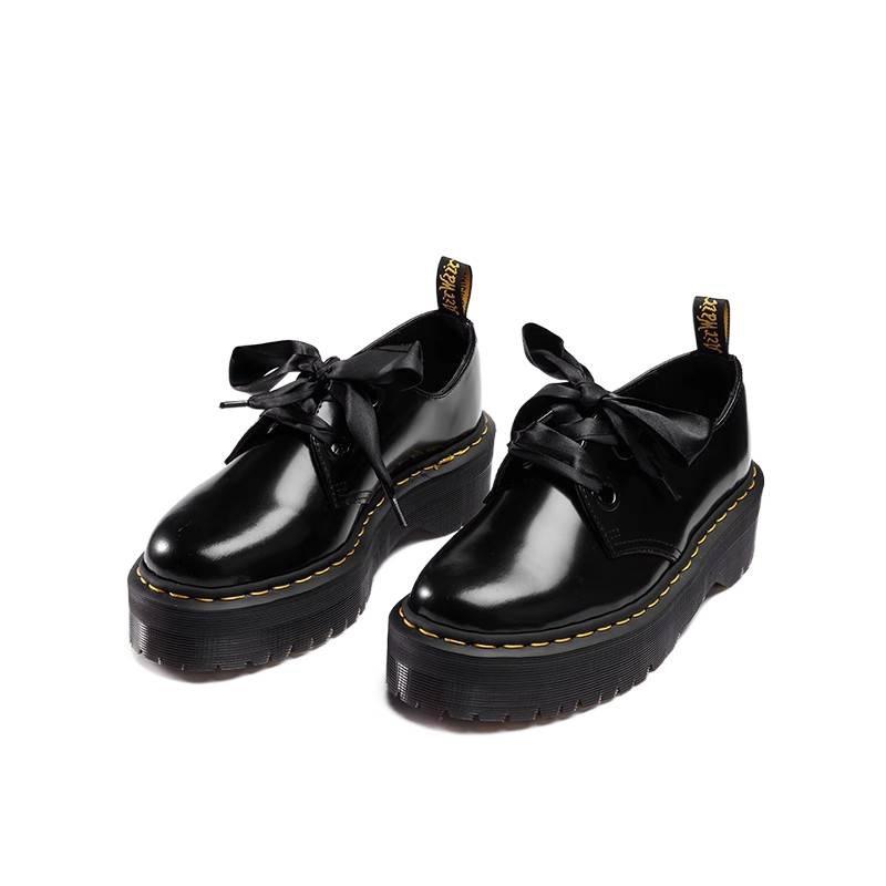 Autumn New Female Mary Jane Two-hole Ribbon Cowhide Muffin Small Leather Shoes British Fashion Versatile Height-increasing Martin Boots