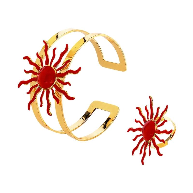 Adjustable Jewelry Set with Sun Design Bracelet and Ring, Matching Two Piece Accessory for Party Styling and Gifts