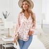 Herbst Neu Floral Chiffon Bluse Damen Locker V-Ausschnitt Langarm Freizeit Oberteil