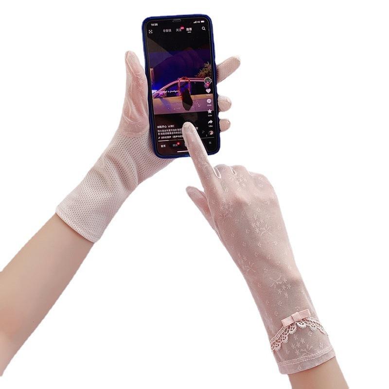 Sunscreen gloves women's thin driving non-slip ice silk breathable medium and long driving riding lace touch screen gloves