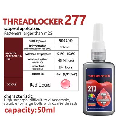 Einzeln verpackter 50-ml-Schraubenkleber 277, hochtemperaturbeständig, große Mutternsicherung, roter Flüssigkleber
