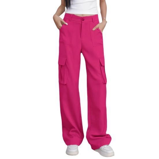 Women Cargo Pants High Waist Button Zipper Fly Casual Trousers Solid Color Loose Fit Multi-Pocket Design Long Pants
