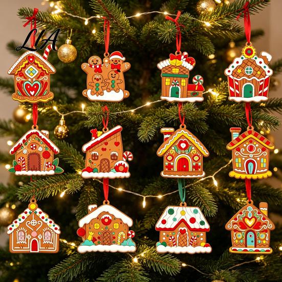 Decorative Cookie Style Tree Hanging 12/16/24PCS Wooden Christmas Ornaments, Gingerbread Man & House Decorations, Lightweight Xmas Charms Ornaments