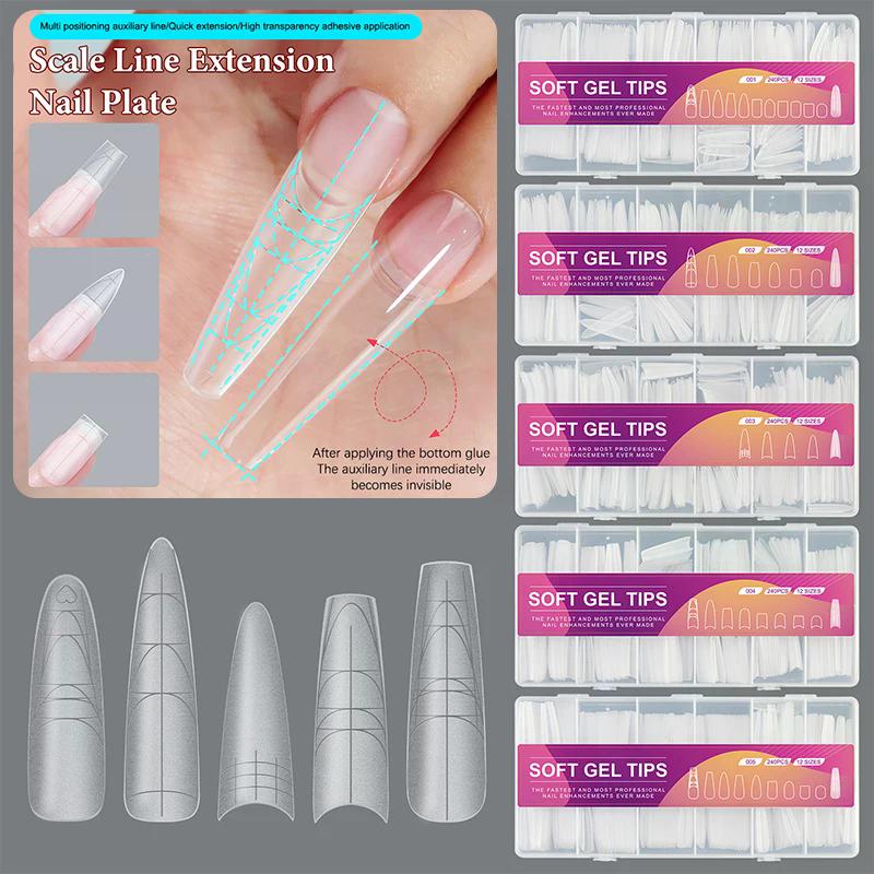 240pcs Ultra-Thin Double-Sided Fake Nails With Auxiliary Line No-Trace Nail Tips Clear Extension False Nails DIY