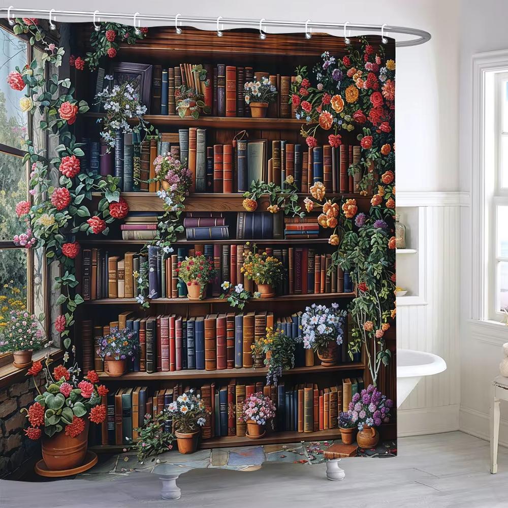 Dunika Chen Vintage Bookshelf Shower Curtain Bohemian Botanical Flower Filled Bookshelf Polyester Fabric Shower Curtains Bathroom Decoration